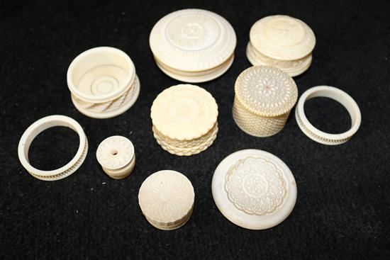 6 19th century turned ivory boxes, 2 napkin rings, etc.